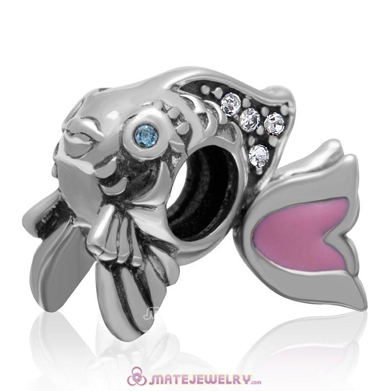 Pink Movable Tail Cute Fish Charm with Clear Crystal in 925 Sterling Silver 