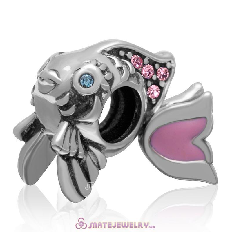 Pink Movable Tail Cute Fish Charm with Lt Rose Crystal in 925 Sterling Silver 