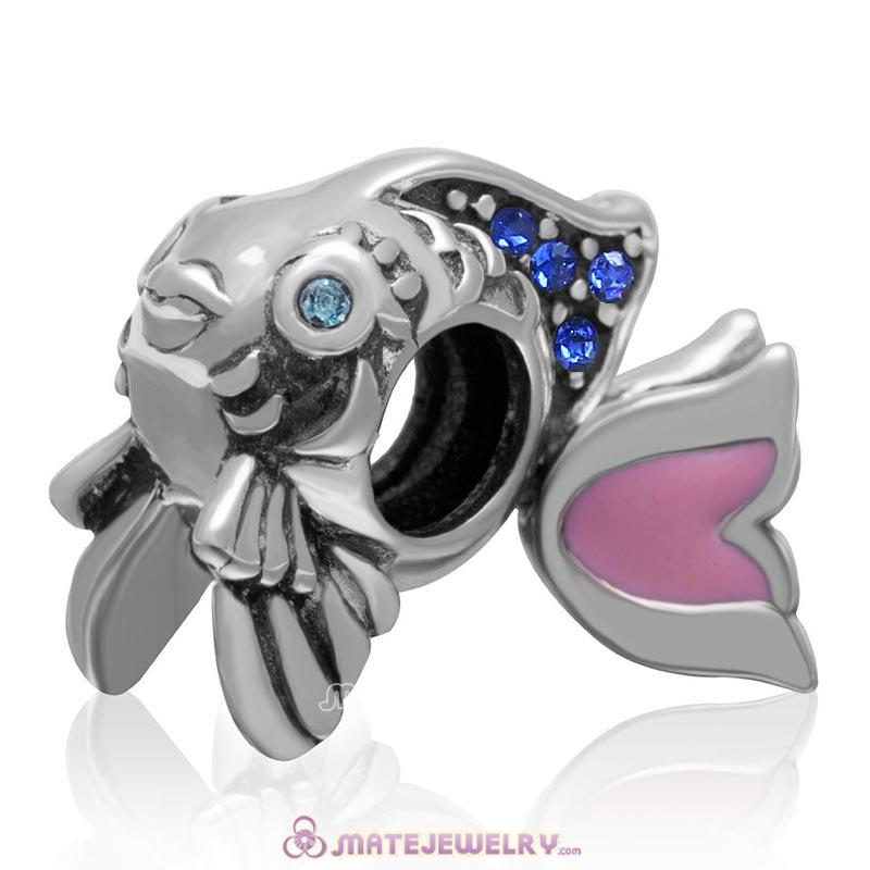 Pink Movable Tail Cute Fish Charm with Sapphire Crystal in 925 Sterling Silver 