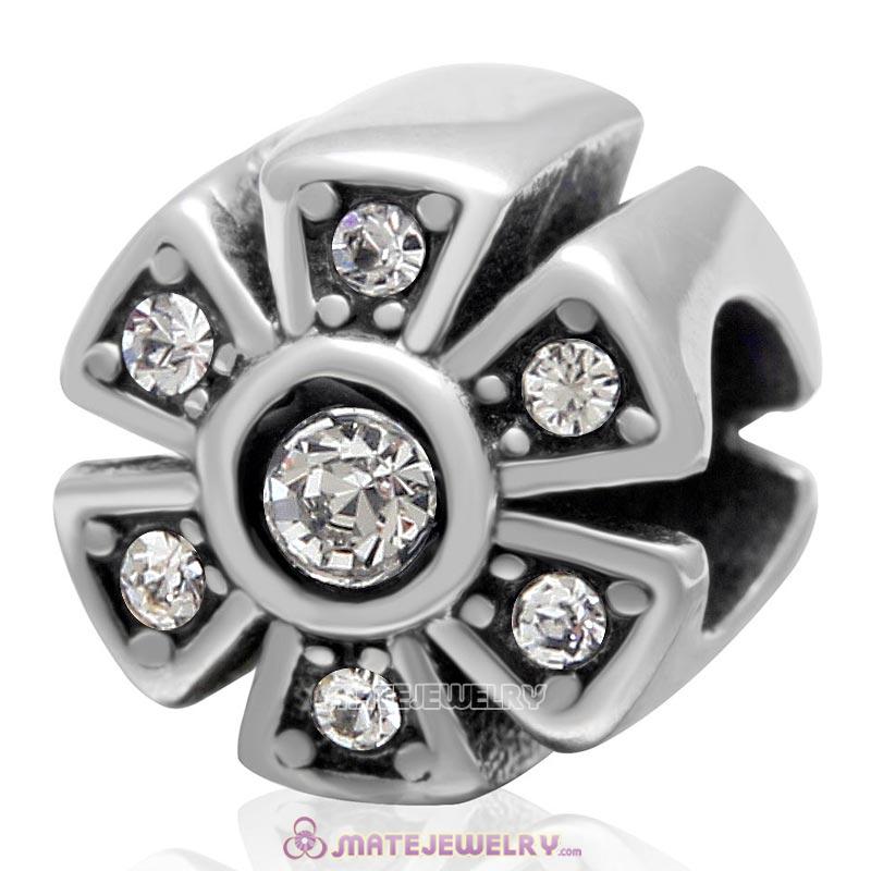 925 Sterling Silver Sparkly Flower Clear Crystal Charm Bead