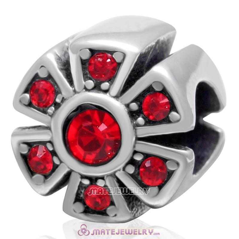 925 Sterling Silver Sparkly Flower Lt Siam Crystal Charm Bead