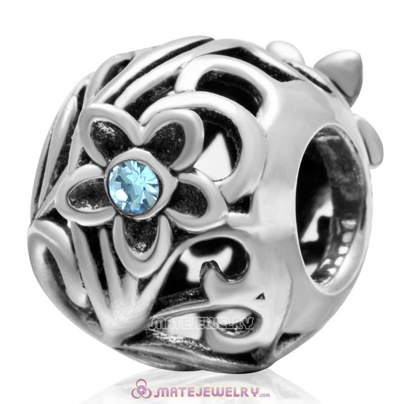 925 Sterling Silver Daisy Flower Aquamarine Crystal Charm Bead