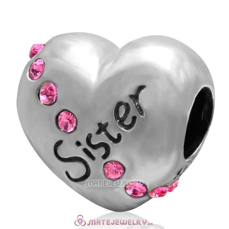 Rose Crystal Sister 925 Sterling Silver Love Heart Bead