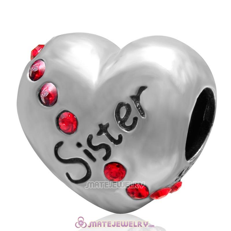 Lt Siam Crystal Sister 925 Sterling Silver Love Heart Bead