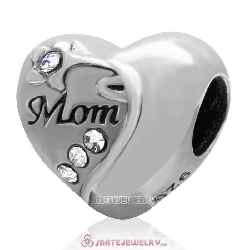 Clear Crystal 925 Sterling Silver Mom Heart Bead