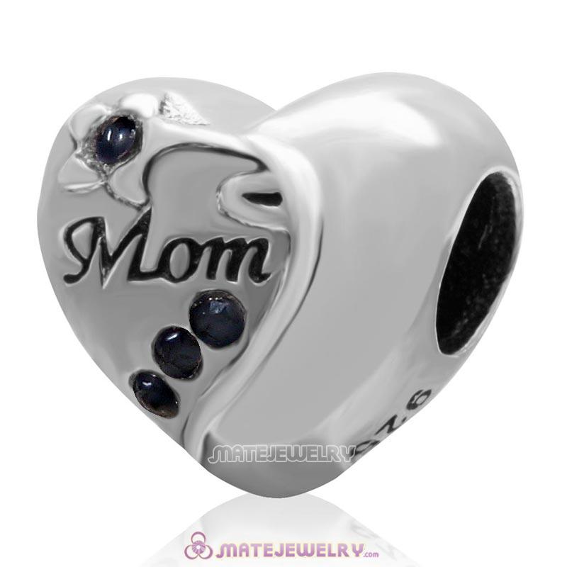 Jet Crystal 925 Sterling Silver Mom Heart Bead