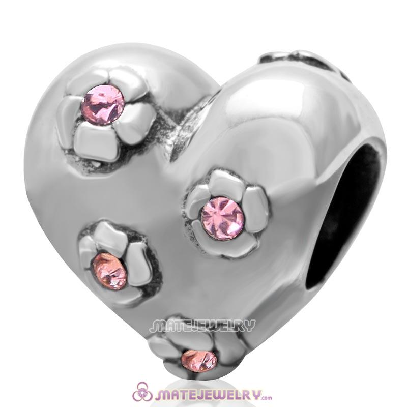 925 Sterling Silver Sweet Heart Bead with Lt Rose Crystal
