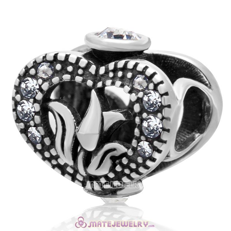 Love Tulip Heart with Clear Crystal 925 Sterling Silver Charm Bead