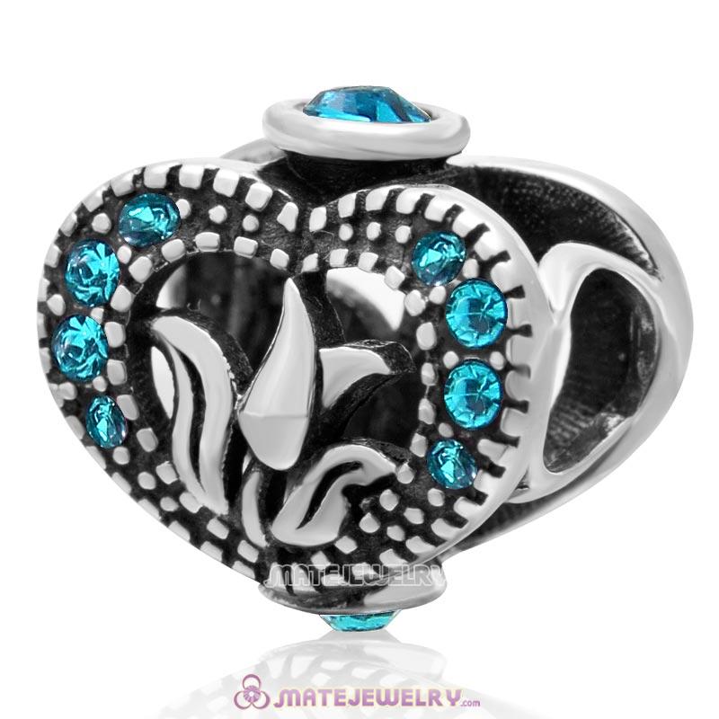 Love Tulip Heart with Blue Zircon Crystal 925 Sterling Silver Charm Bead