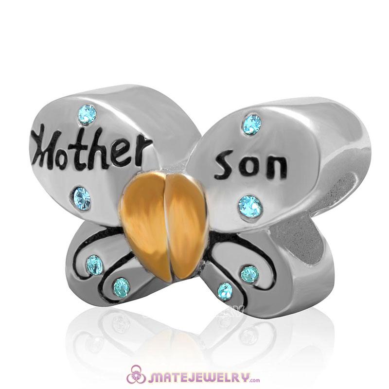 1 Pair Mother Son Butterfly Charm Sterling Silver Beads with Aquamarine Austrian Crystal