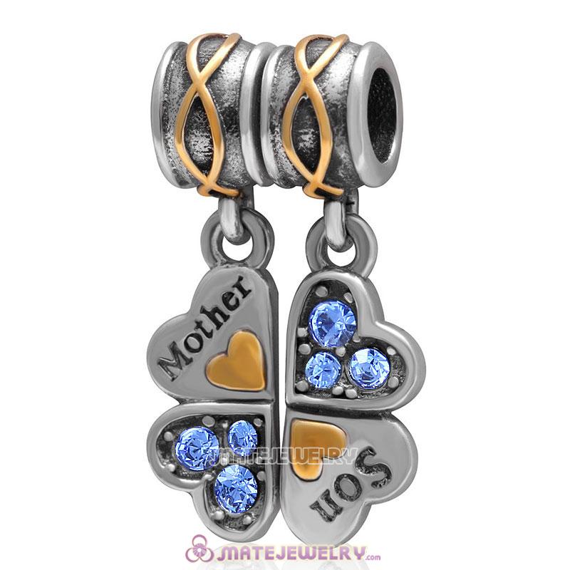 1 Pair Mother Son Clover Charm Sterling Silver with Sapphire Austrian Crystal
