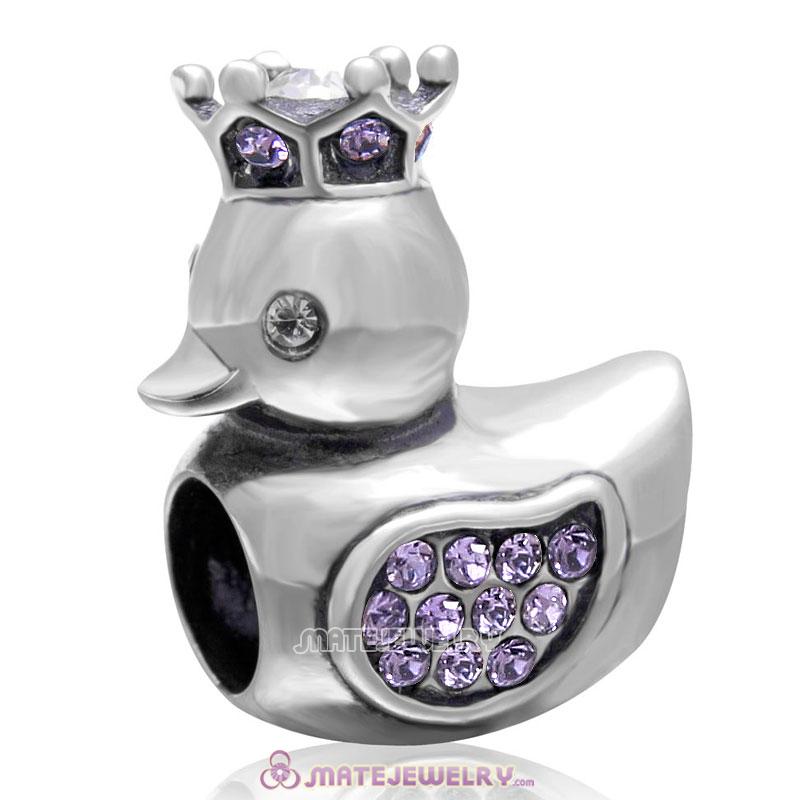 Pleasing Duck with Crown 925 Sterling Silver with Tanzanite Crystal Charm Bead