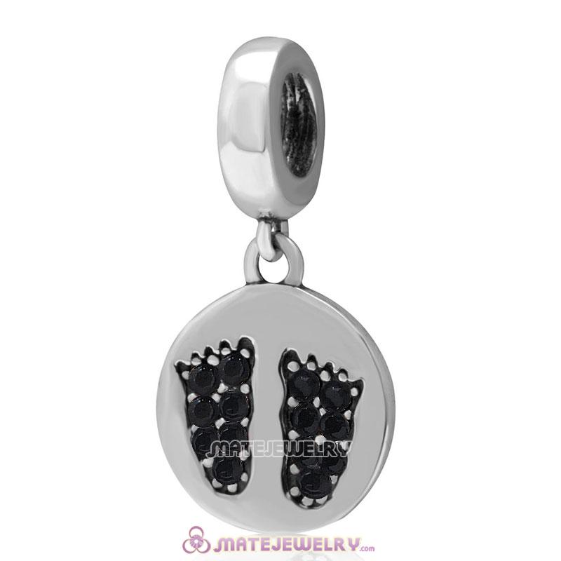 Jet Crystal Pave Baby Feet Charm Dangle 925 Sterling Silver 
