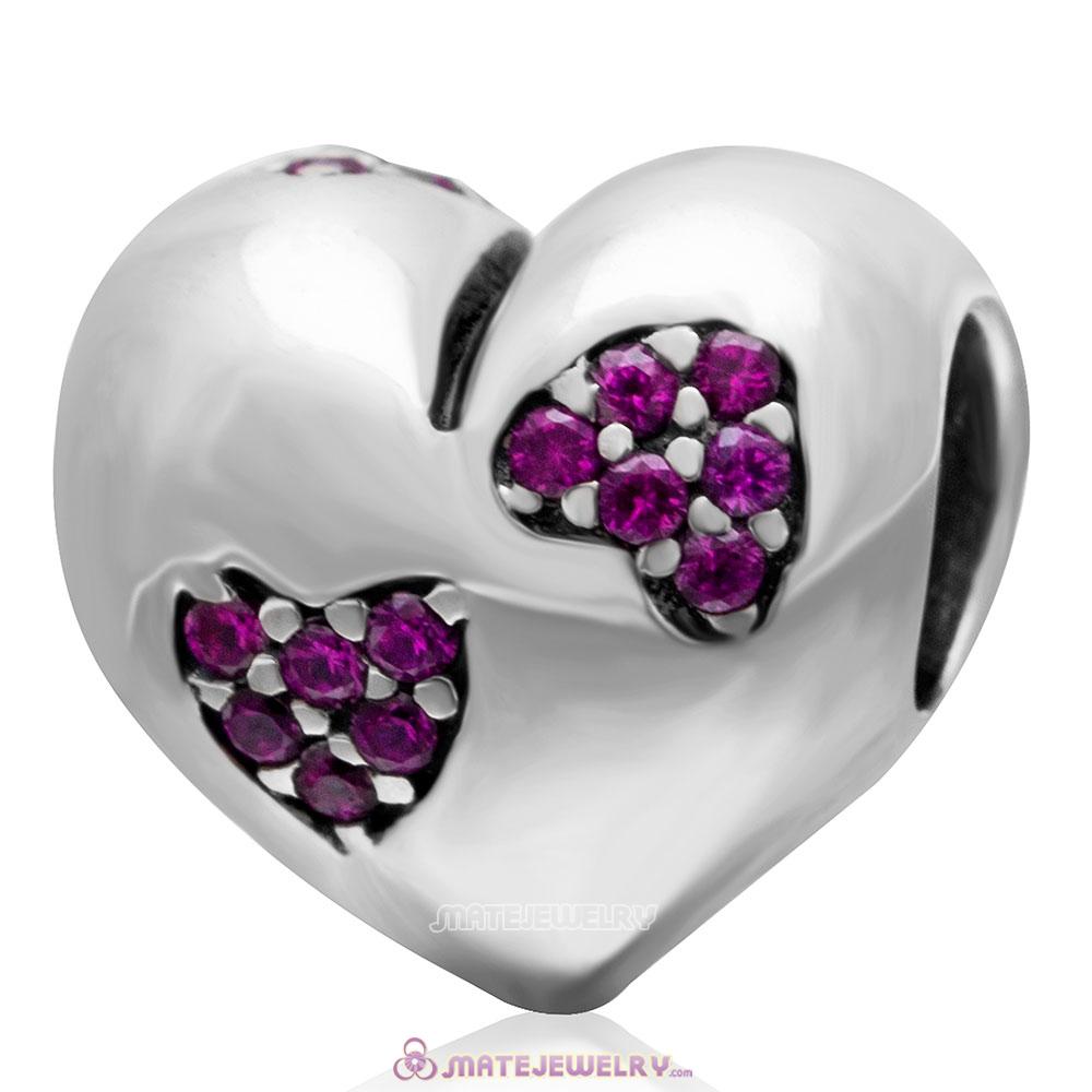 925 Sterling Silver Fuchsia Cz Heart Bead Charm