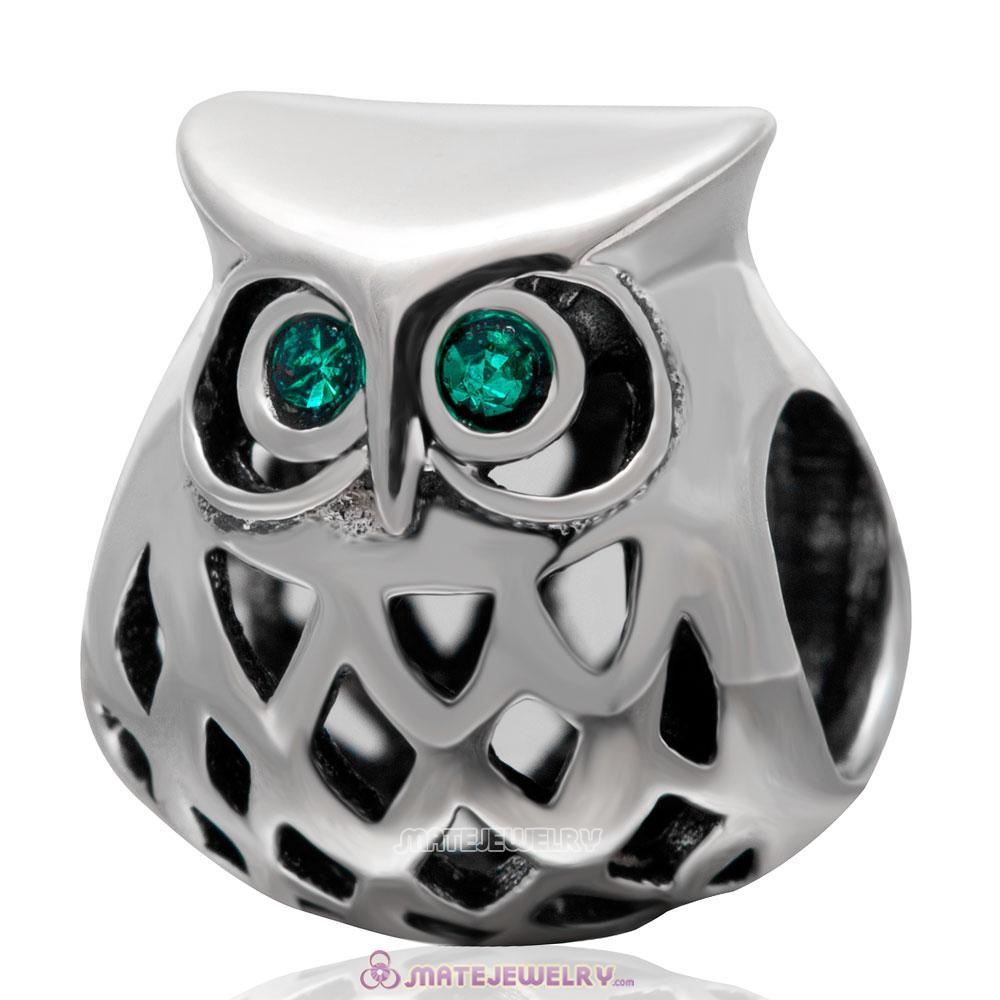 Wise Owl Charm 925 Sterling Silver with Emerald Crystal Eye Bead 