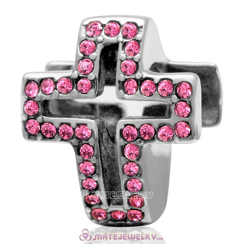 Spackly Christian Cross Charm 925 Sterling Silver with Rose Crystal 