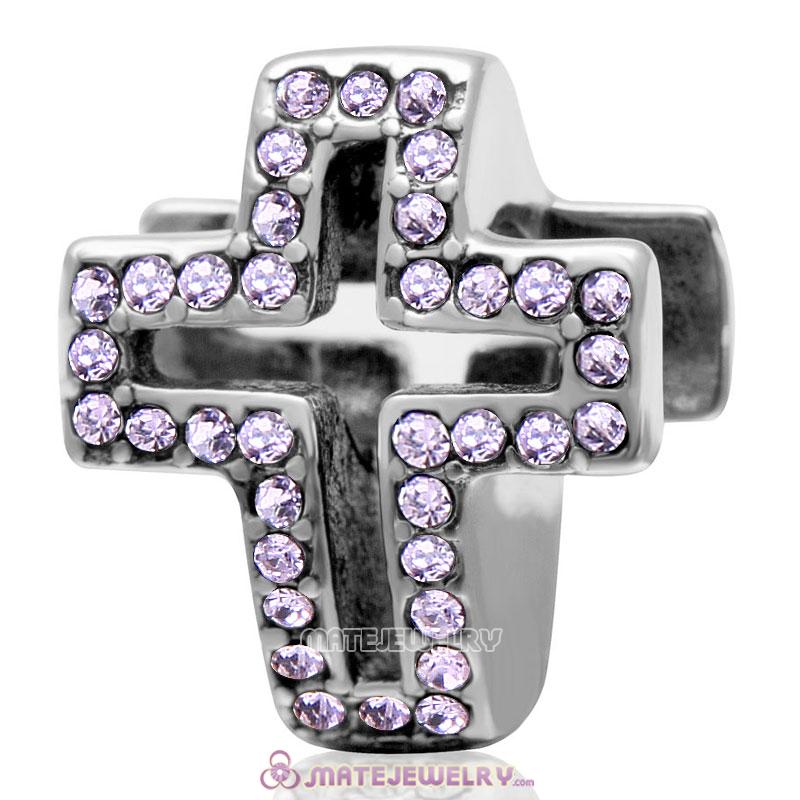 Spackly Christian Cross Charm 925 Sterling Silver with Violet Crystal 