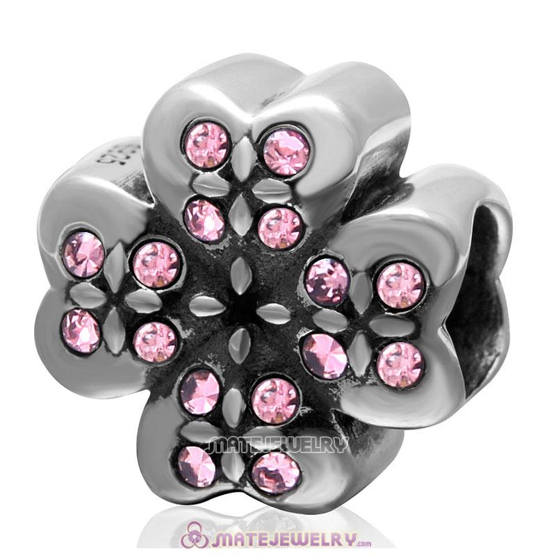 925 Sterling Silver Lt Rose Crystal Lucky Four Leaf Clover Charm Bead