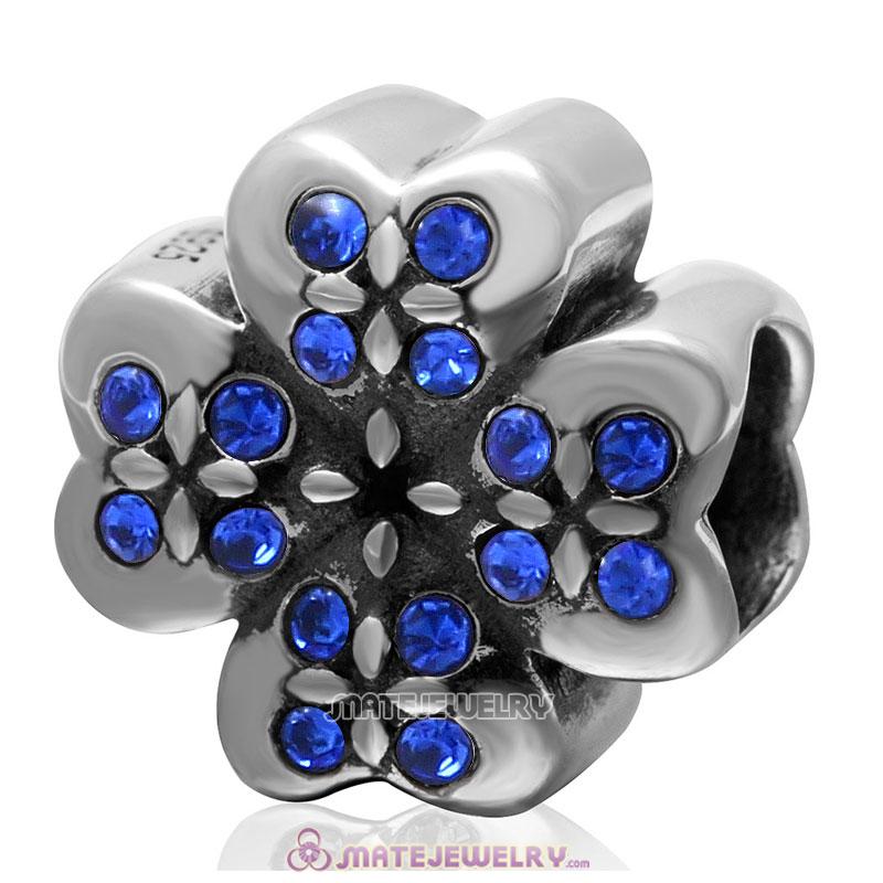 925 Sterling Silver Sapphire Crystal Lucky Four Leaf Clover Charm Bead