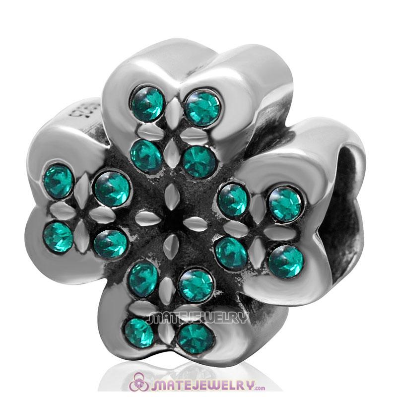 925 Sterling Silver Emerald Crystal Lucky Four Leaf Clover Charm Bead