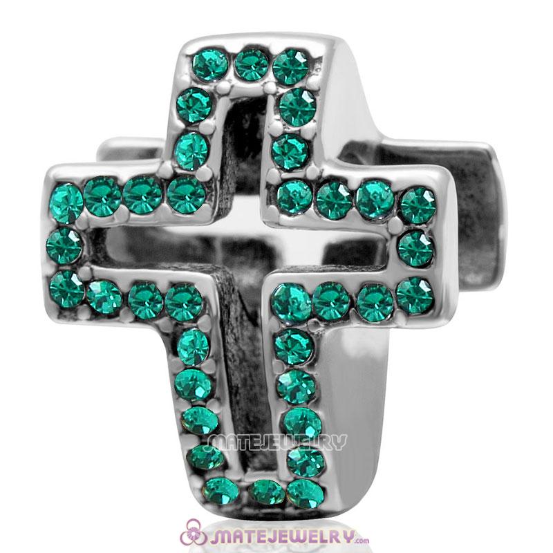 Spackly Christian Cross Charm 925 Sterling Silver with Emerald Crystal 