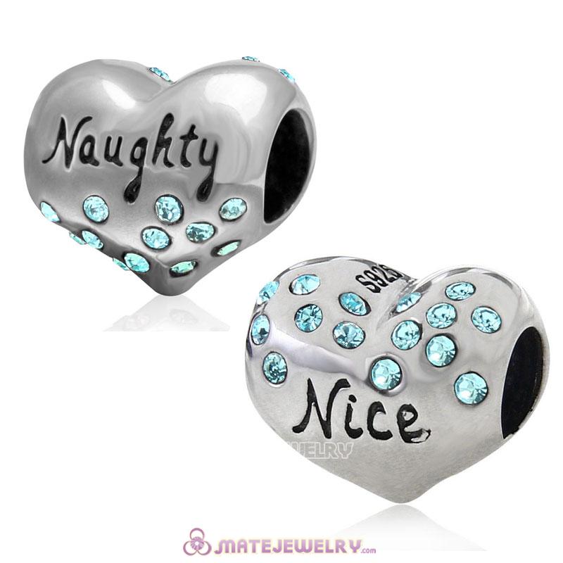 Nice or Naughty Heart 925 Sterling Silver with Aquamarine Crystal Charm