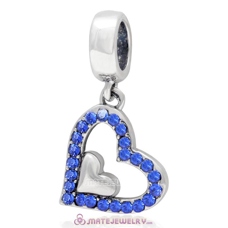 925 Sterling Silver Sapphire Crystal Heart in Heart Pendant Charm