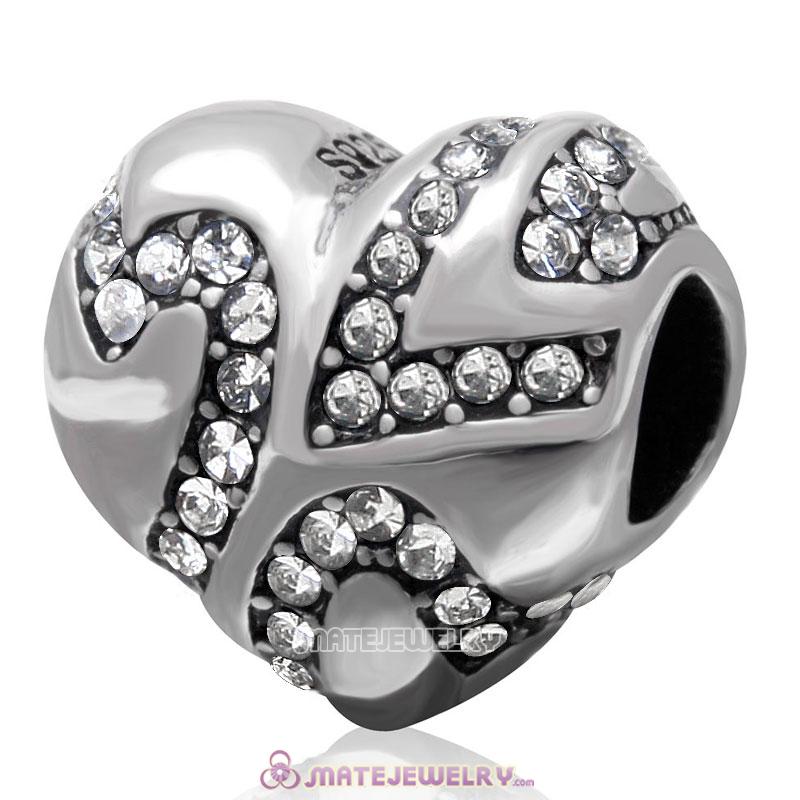 European Style Sterling Silver Valentines Heart Bead with Clear Crystal 