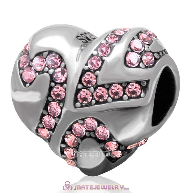 European Style Sterling Silver Valentines Heart Bead with Lt Rose Crystal 