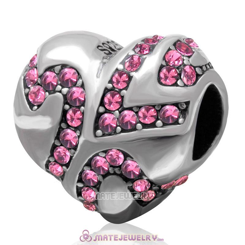 European Style Sterling Silver Valentines Heart Bead with Rose Crystal 