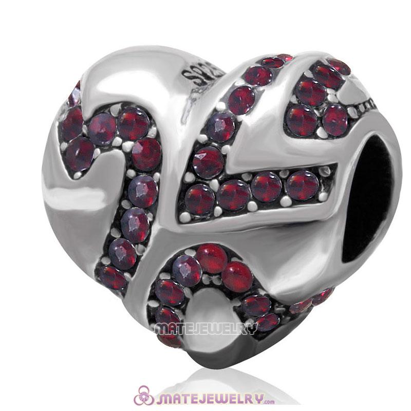 European Style Sterling Silver Valentines Heart Bead with Siam Crystal 