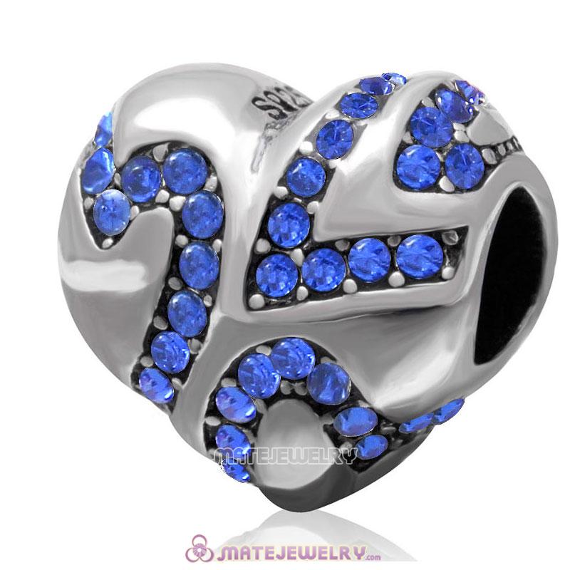 European Style Sterling Silver Valentines Heart Bead with Sapphire Crystal 
