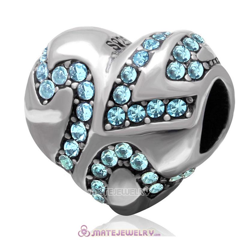 European Style Sterling Silver Valentines Heart Bead with Aquamarine Crystal 