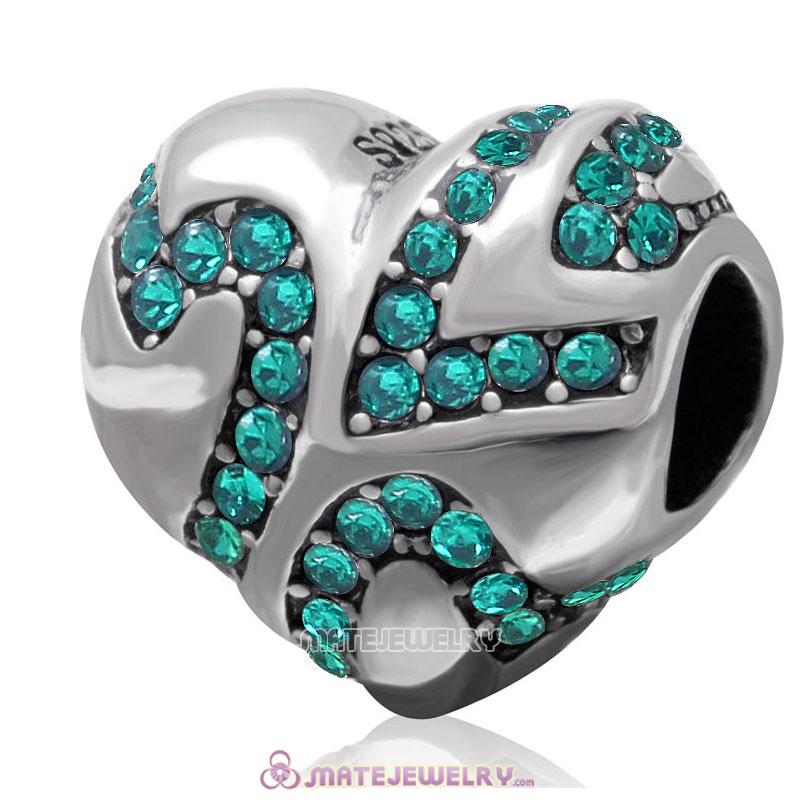 European Style Sterling Silver Valentines Heart Bead with Emerald Crystal 