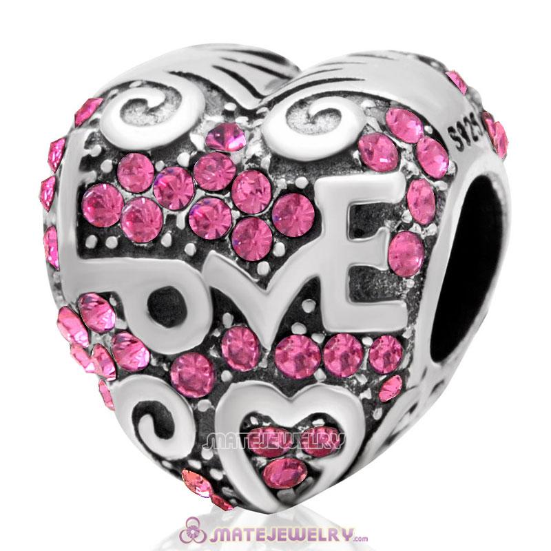 925 Sterling Silver Heart with Love Charm Rose Australian Crystal Bead 