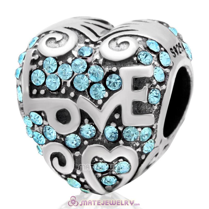 925 Sterling Silver Heart with Love Charm Aquamarine Australian Crystal Bead 