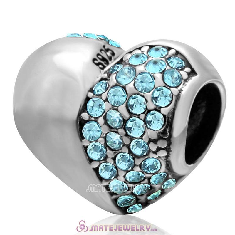 Aquamarine Sparkly Crystal 925 Sterling Silver Heart Bead 