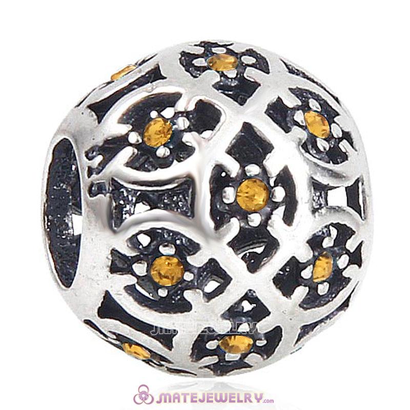Sterling Silver Intricate Lattice Beads with Topaz Austrian Crystal European Style