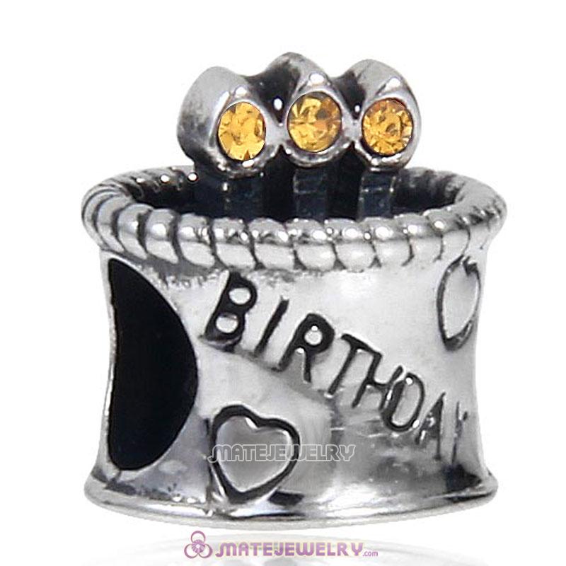 European Sterling Silver Birthday Cake Charm Beads with Topaz Austrian Crystal