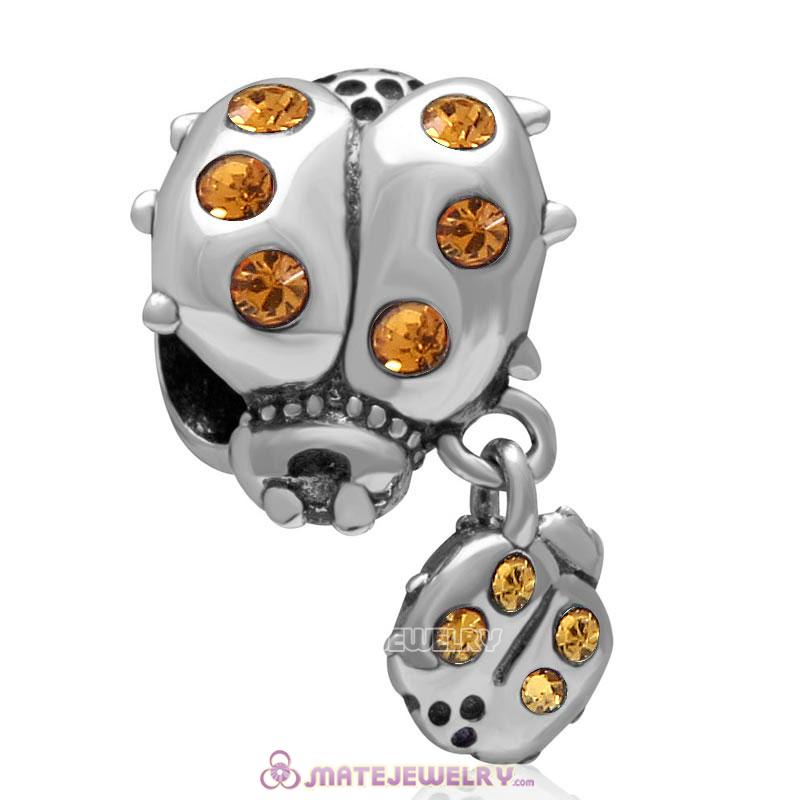 Ladybug with Dangling Smaller Ladybug Topaz Crystal 925 Sterling Silver Charm