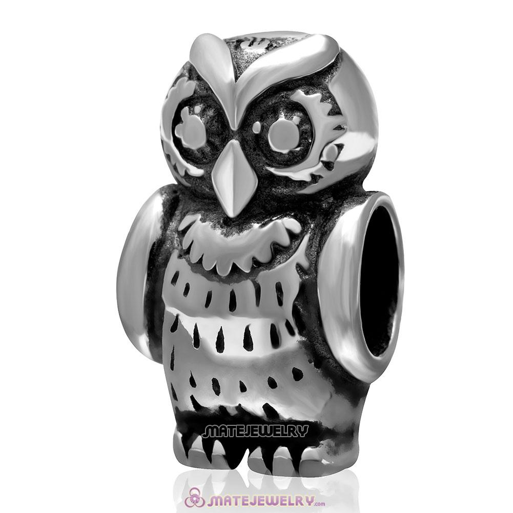Thick Owl Charm 925 Sterling Silver Animal Bead