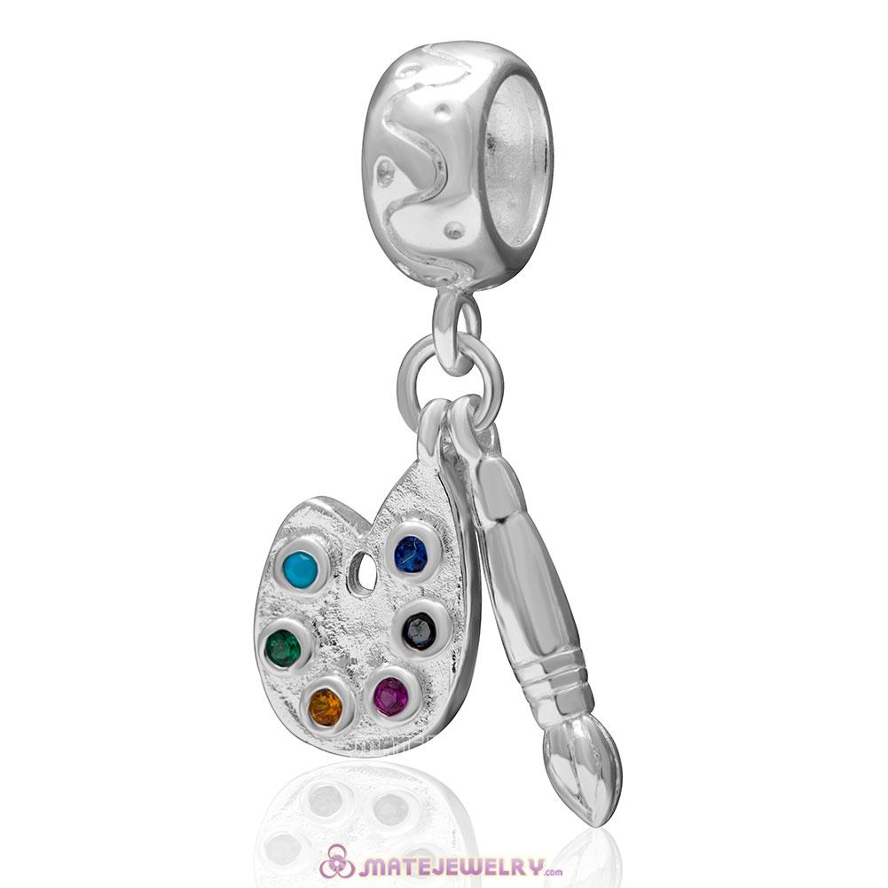 Palette and Paint Brush Dangle 925 Sterling Silver with Colorful Stone Charm 