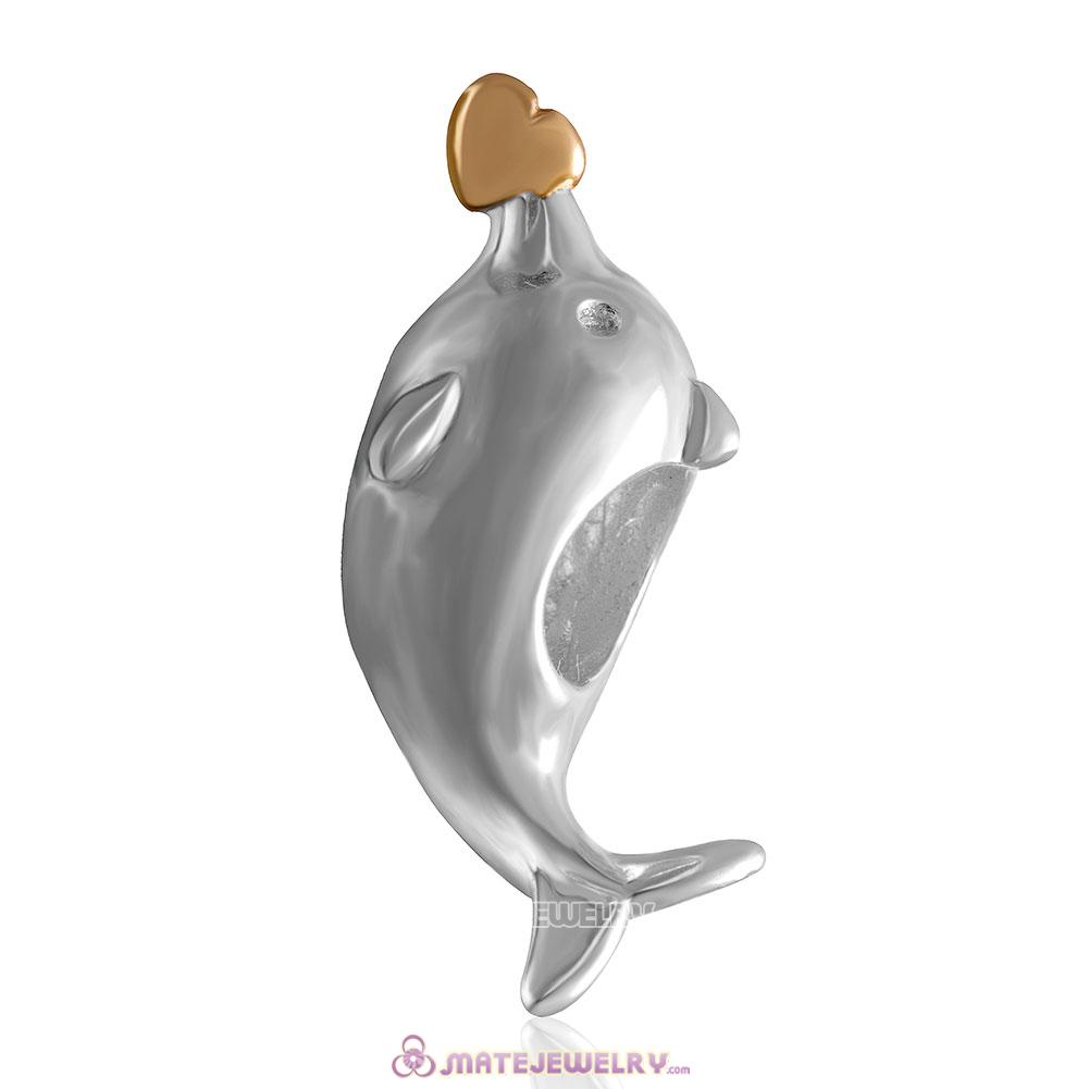 Playful Dolphin Holding Gold Heart 925 Sterling Silver Charm Bead