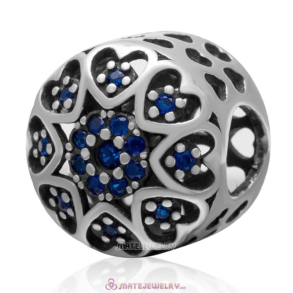 Openwork Love Heart Charm 925 Sterling Silver Bead with Blue Cz