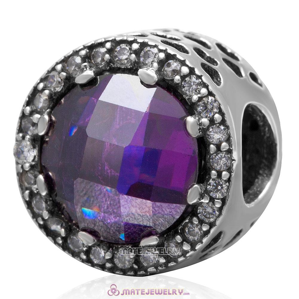 Radiant Hearts with Royal Purple and Clear CZ Charm 925 Sterling Silver Bead 