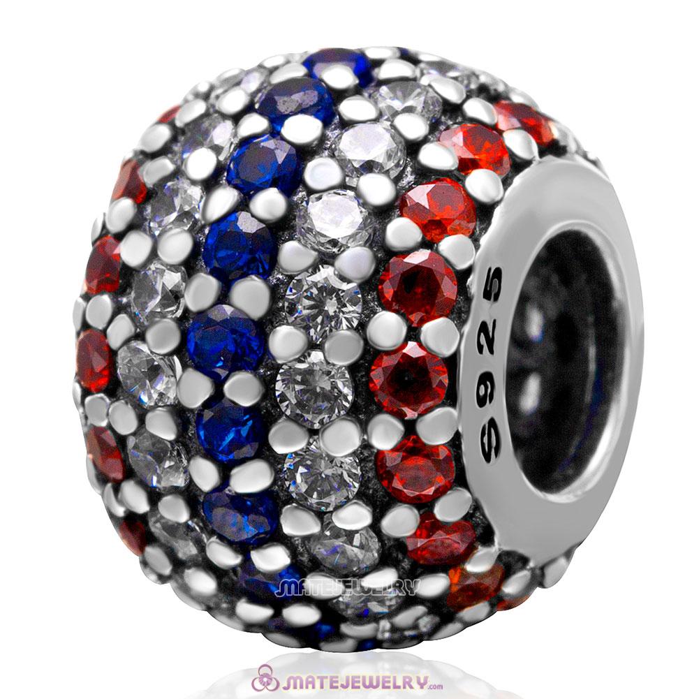 Pave Lights with Red White and Blue CZ Charm 925 Sterling Silver Bead 