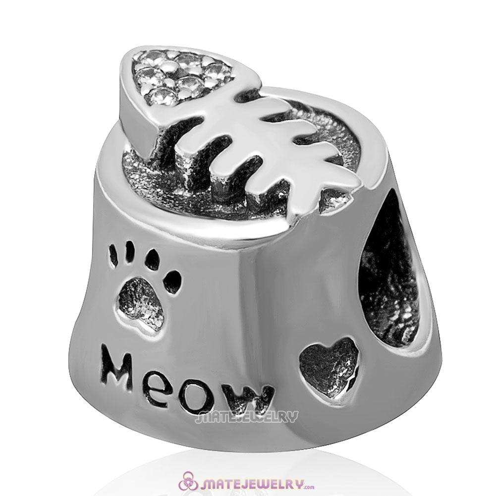 Meow with Clear CZ Charm 925 Sterling Silver Bead 