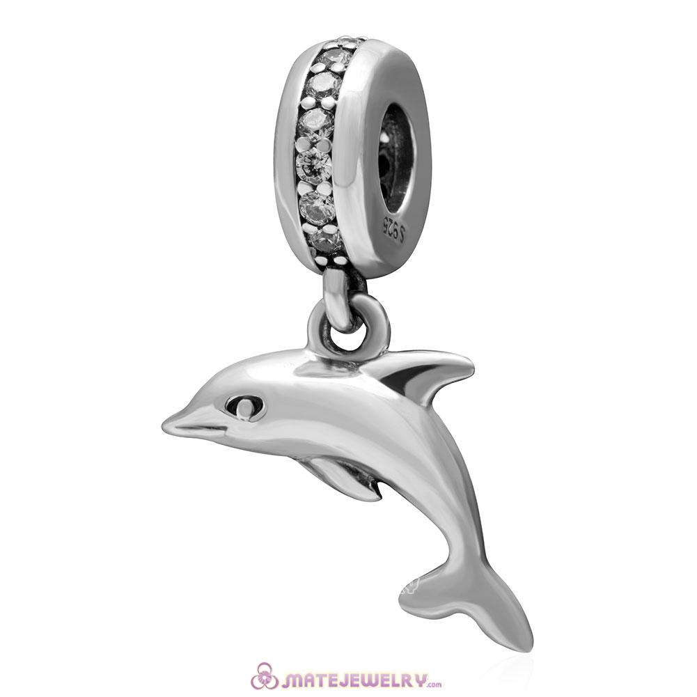 Playful Dolphin with Clear CZ Charm 925 Sterling Silver Dangle Bead 