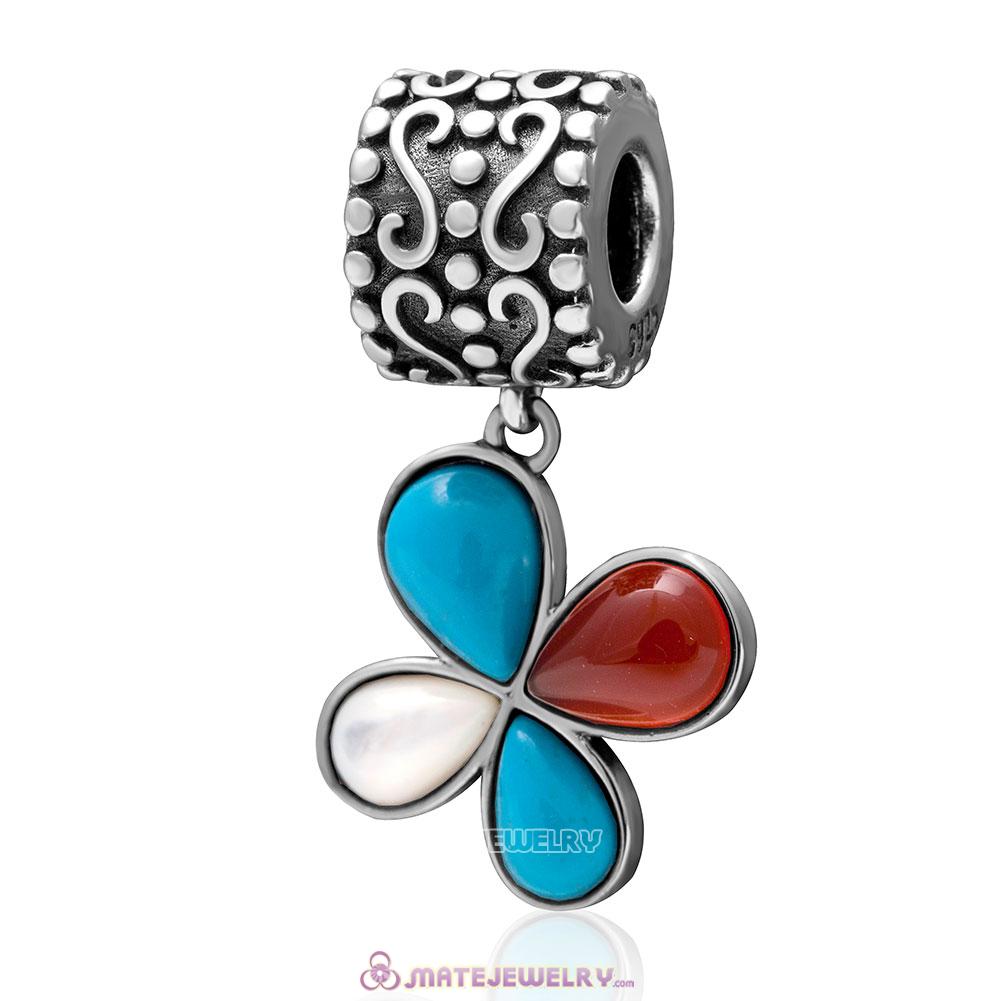 Dangle Natural Turquoise Flower Charm 925 Sterling Silver Pendant Bead 