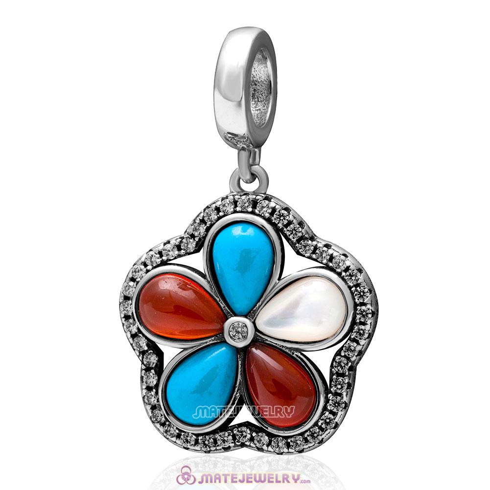 Natural Turquoise Clear Cz Flower Charm 925 Sterling Silver Pendant Bead 